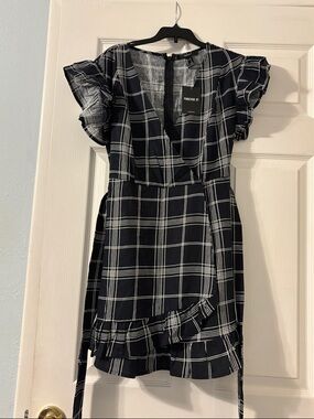 Forever 21 Black & White Plaid Ruffle Wrap Dress with Flutter Sleeves